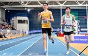 26 February 2022; Darragh McElhinney of UCD AC, Dublin, left, celebrates winning the senior men's 3000m A final during day one of the Irish Life Health National Senior Indoor Athletics Championships at the National Indoor Arena at the Sport Ireland Campus in Dublin. Photo by Sam Barnes/Sportsfile