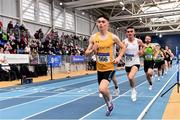 26 February 2022; Darragh McElhinney of UCD AC, Dublin, leads the field on on his way to winning the senior men's 3000m during day one of the Irish Life Health National Senior Indoor Athletics Championships at the National Indoor Arena at the Sport Ireland Campus in Dublin. Photo by Sam Barnes/Sportsfile