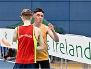 26 February 2022; Darragh McElhinney of UCD AC, Dublin, right, and Nicholas Griggs of Mid Ulster AC, after competing in the senior men's 3000m A final during day one of the Irish Life Health National Senior Indoor Athletics Championships at the National Indoor Arena at the Sport Ireland Campus in Dublin. Photo by Sam Barnes/Sportsfile