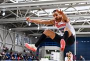 26 February 2022; Adam McMullen of Crusaders AC, Dublin, competing in the senior men's long jump during day one of the Irish Life Health National Senior Indoor Athletics Championships at the National Indoor Arena at the Sport Ireland Campus in Dublin. Photo by Sam Barnes/Sportsfile
