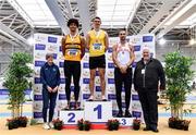 26 February 2022; Athletics Ireland President John Cronin, right, and Athletic's Ireland Performance Development Manager Jacqui Freyne with senior men's long jump medallists, Shane Howard of Bandon AC, Cork, gold, Reece Ademola of Leevale AC, Cork, silver, and Adam McMullen of Crusaders AC, Dublin, bronze, during day one of the Irish Life Health National Senior Indoor Athletics Championships at the National Indoor Arena at the Sport Ireland Campus in Dublin. Photo by Sam Barnes/Sportsfile