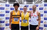 26 February 2022; Senior men's long jump medallists, Shane Howard of Bandon AC, Cork, gold, Reece Ademola of Leevale AC, Cork, silver, and Adam McMullen of Crusaders AC, Dublin, bronze, during day one of the Irish Life Health National Senior Indoor Athletics Championships at the National Indoor Arena at the Sport Ireland Campus in Dublin. Photo by Sam Barnes/Sportsfile