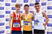 26 February 2022; Senior men's 3000m medallists, Darragh McElhinney of UCD AC, Dublin, gold, Nicholas Griggs of Mid Ulster AC, silver, and Keelan Kilrehill of Moy Valley AC, Mayo, bronze, during day one of the Irish Life Health National Senior Indoor Athletics Championships at the National Indoor Arena at the Sport Ireland Campus in Dublin. Photo by Sam Barnes/Sportsfile
