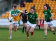 26 February 2022; Jack Bryant of Offaly in action against Jordan Muldoon of Meath during the Allianz Football League Division 2 match between Offaly and Meath at Bord na Mona O'Connor Park in Tullamore, Offaly. Photo by Michael P Ryan/Sportsfile