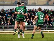 26 February 2022; Tom Daly of Connacht, centre, celebrates after scoring his side's second try with teammates Sammy Arnold, left, and John Porch during the United Rugby Championship match between Connacht and DHL Stormers at The Sportsground in Galway. Photo by Harry Murphy/Sportsfile