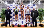 26 February 2022; Athletics Ireland CEO Hamish Adams, left, and Athletics Ireland President John Cronin, right, with senior women's 200m medallists, Sharlene Mawdsley of Newport AC, Tipperary, gold, Sarah Leahy of Killarney Valley AC, Kerry, silver, and Lauren Cadden of Sligo AC, bronze, during day one of the Irish Life Health National Senior Indoor Athletics Championships at the National Indoor Arena at the Sport Ireland Campus in Dublin. Photo by Sam Barnes/Sportsfile