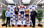 26 February 2022; Athletics Ireland President John Cronin, right, and former 200m men's national champion Gary Ryan, left, with senior men's 200m medallists, Robert McDonnell of Galway City Harriers AC, gold, Marcus Lawler of Clonliffe Harriers AC, Dublin, silver, and Colin Doyle of Leevale AC, Cork, bronze,  during day one of the Irish Life Health National Senior Indoor Athletics Championships at the National Indoor Arena at the Sport Ireland Campus in Dublin. Photo by Sam Barnes/Sportsfile