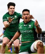26 February 2022; Abraham Papalii and Alex Wootton of Connacht celebrate a try which is subsequently disallowed during the United Rugby Championship match between Connacht and DHL Stormers at The Sportsground in Galway. Photo by Harry Murphy/Sportsfile