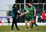 26 February 2022; Connacht head coach Andy Friend shakes hands with Jack Aungier of Connacht after their side's victory in the United Rugby Championship match between Connacht and DHL Stormers at The Sportsground in Galway. Photo by Harry Murphy/Sportsfile