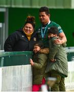 26 February 2022; Man of the Match Leva Fifita with his wife Moana and their children Miyuki, aged 6, and Losi, aged 10, after the United Rugby Championship match between Connacht and DHL Stormers at The Sportsground in Galway. Photo by Diarmuid Greene/Sportsfile