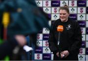 26 February 2022; Galwegians captain Mairéad Coyne is interviewed by TG4 before the Energia Women's All-Ireland League Conference Final match between Suttonians and Galwegians at Energia Park in Dublin. Photo by Ben McShane/Sportsfile