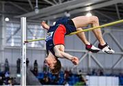 26 February 2022; Ciaran Connolly of Le Chéile AC, Kildare, competing in the senior men's high jump during day one of the Irish Life Health National Senior Indoor Athletics Championships at the National Indoor Arena at the Sport Ireland Campus in Dublin. Photo by Sam Barnes/Sportsfile