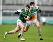 26 February 2022; Jason Scully of Meath in action against Bill Carroll of Offaly during the Allianz Football League Division 2 match between Offaly and Meath at Bord na Mona O'Connor Park in Tullamore, Offaly. Photo by Michael P Ryan/Sportsfile