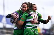 26 February 2022; Emily McKeown of Suttonians, left, celebrates with teammate Nicole Carroll, 10, after scoring their side's first try during the Energia Women's All-Ireland League Conference Final match between Suttonians and Galwegians at Energia Park in Dublin. Photo by Ben McShane/Sportsfile