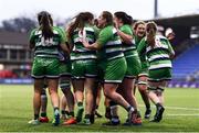 26 February 2022; Suttonians players celebrate their side's second try, scored by Lauren Farrell McCabe, 9, during the Energia Women's All-Ireland League Conference Final match between Suttonians and Galwegians at Energia Park in Dublin. Photo by Ben McShane/Sportsfile