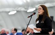 26 February 2022; Gaelic Players Association national executive committee co-chairperson Maria Kinsella speaking during the GAA Congress at NUI Galway Connacht GAA Air Dome in Bekan, Mayo. Photo by Piaras Ó Mídheach/Sportsfile