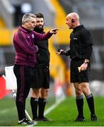 26 February 2022; Galway manager Padraic Joyce protests to referee Cormac Reilly during the Allianz Football League Division 2 match between Cork and Galway at Páirc Ui Chaoimh in Cork. Photo by Eóin Noonan/Sportsfile