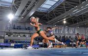 26 February 2022; Sarah Lavin of Emerald AC, Limerick, on her way to winning the senior women's 60m hurdles during day one of the Irish Life Health National Senior Indoor Athletics Championships at the National Indoor Arena at the Sport Ireland Campus in Dublin. Photo by Sam Barnes/Sportsfile