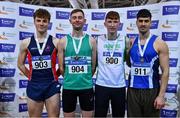 26 February 2022; Senior men's high jump medallists, David Cussen of Old Abbey AC, Cork, gold, Ciaran Connolly of Le Chéile AC, Kildare, silver, Evan Hallinan of Craughwell AC, Galway, bronze, and Kourosh Foroughi of Star of the Sea AC, Meath, bronze, during day one of the Irish Life Health National Senior Indoor Athletics Championships at the National Indoor Arena at the Sport Ireland Campus in Dublin. Photo by Sam Barnes/Sportsfile
