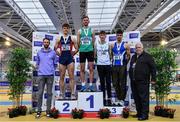 26 February 2022; Athletics ireland President John Cronin, right, with senior men's high jump medallists, David Cussen of Old Abbey AC, Cork, gold, Ciaran Connolly of Le Chéile AC, Kildare, silver, Evan Hallinan of Craughwell AC, Galway, bronze, and Kourosh Foroughi of Star of the Sea AC, Meath, bronze, during day one of the Irish Life Health National Senior Indoor Athletics Championships at the National Indoor Arena at the Sport Ireland Campus in Dublin. Photo by Sam Barnes/Sportsfile
