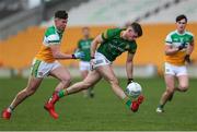 26 February 2022; Donal Keogan of Meath in action against Kieran Dolan of Offaly during the Allianz Football League Division 2 match between Offaly and Meath at Bord na Mona O'Connor Park in Tullamore, Offaly. Photo by Michael P Ryan/Sportsfile