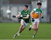 26 February 2022; Jason Scully of Meath in action against Bill Carroll of Offaly during the Allianz Football League Division 2 match between Offaly and Meath at Bord na Mona O'Connor Park in Tullamore, Offaly. Photo by Michael P Ryan/Sportsfile