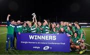 26 February 2022; Suttonians players celebrate with the cup after the Energia Women's All-Ireland League Conference Final match between Suttonians and Galwegians at Energia Park in Dublin. Photo by Ben McShane/Sportsfile