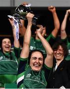 26 February 2022; Suttonians captain Lauren Farrell McCabe lifts the cup after the Energia Women's All-Ireland League Conference Final match between Suttonians and Galwegians at Energia Park in Dublin. Photo by Ben McShane/Sportsfile