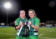 26 February 2022; Suttonians players and sisters, Lauren Farrell McCabe, left, and Kate Farrell McCabe with the cup after the Energia Women's All-Ireland League Conference Final match between Suttonians and Galwegians at Energia Park in Dublin. Photo by Ben McShane/Sportsfile