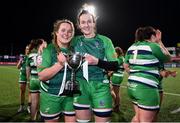 26 February 2022; Suttonians players Mary Healy, left, and Brenda Barr with the cup after the Energia Women's All-Ireland League Conference Final match between Suttonians and Galwegians at Energia Park in Dublin. Photo by Ben McShane/Sportsfile