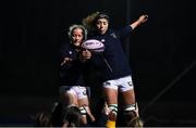 26 February 2022; Railway Union players Keelin Brady, left, and Aoife McDermott practice their catching of a lineout in the warm-up before the Energia Women's All-Ireland League Final match between Blackrock College and Railway Union at Energia Park in Dublin. Photo by Ben McShane/Sportsfile