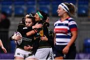 26 February 2022; Molly Scuffil McCabe of Railway Union celebrates with teammates after scoring their side's first try during the Energia Women's All-Ireland League Final match between Blackrock College and Railway Union at Energia Park in Dublin. Photo by Ben McShane/Sportsfile
