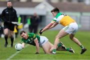 26 February 2022; Padraic Harnan of Meath in action against James Lalor of Offaly during the Allianz Football League Division 2 match between Offaly and Meath at Bord na Mona O'Connor Park in Tullamore, Offaly. Photo by Michael P Ryan/Sportsfile