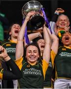 26 February 2022; Railway Union captain Niamh Byrne lifts the cup after the Energia Women's All-Ireland League Final match between Blackrock College and Railway Union at Energia Park in Dublin. Photo by Ben McShane/Sportsfile