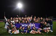 26 February 2022; Railway Union players celebrate with the cup after the Energia Women's All-Ireland League Final match between Blackrock College and Railway Union at Energia Park in Dublin. Photo by Ben McShane/Sportsfile