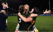 26 February 2022; Railway Union players, from left, Siobhan McCarthy, Emma Murphy and Kate McCarthy celebrate after the Energia Women's All-Ireland League Final match between Blackrock College and Railway Union at Energia Park in Dublin. Photo by Ben McShane/Sportsfile
