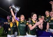 26 February 2022; Lindsay Peat of Railway Union celebrates with the cup and her teammates after the Energia Women's All-Ireland League Final match between Blackrock College and Railway Union at Energia Park in Dublin. Photo by Ben McShane/Sportsfile