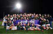 26 February 2022; Railway Union players celebrate with the cup after the Energia Women's All-Ireland League Final match between Blackrock College and Railway Union at Energia Park in Dublin. Photo by Ben McShane/Sportsfile
