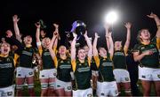 26 February 2022; Railway Union players, including captain Niamh Byrne, centre, celebrate with the cup after the Energia Women's All-Ireland League Final match between Blackrock College and Railway Union at Energia Park in Dublin. Photo by Ben McShane/Sportsfile