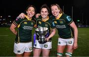 26 February 2022; Railway Union players, from left, Lindsay Peat, Katie O'Dwyer and Aoife McDermott with the cup after the Energia Women's All-Ireland League Final match between Blackrock College and Railway Union at Energia Park in Dublin. Photo by Ben McShane/Sportsfile