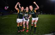 26 February 2022; Railway Union players, from left, Lindsay Peat, Katie O'Dwyer and Aoife McDermott with the cup after the Energia Women's All-Ireland League Final match between Blackrock College and Railway Union at Energia Park in Dublin. Photo by Ben McShane/Sportsfile