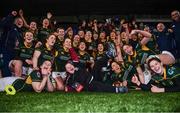 26 February 2022; Railway Union players celebrate with supporter Jennifer Malone after the Energia Women's All-Ireland League Final match between Blackrock College and Railway Union at Energia Park in Dublin. Photo by Ben McShane/Sportsfile