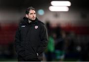 25 February 2022; Derry City manager Ruaidhrí Higgins before the SSE Airtricity League Premier Division match between Derry City and Shamrock Rovers at The Ryan McBride Brandywell Stadium in Derry. Photo by Stephen McCarthy/Sportsfile