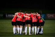 25 February 2022; Derry City players huddle before the SSE Airtricity League Premier Division match between Derry City and Shamrock Rovers at The Ryan McBride Brandywell Stadium in Derry. Photo by Stephen McCarthy/Sportsfile