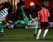 25 February 2022; Danny Mandroiu of Shamrock Rovers has a shot on goal during the SSE Airtricity League Premier Division match between Derry City and Shamrock Rovers at The Ryan McBride Brandywell Stadium in Derry. Photo by Stephen McCarthy/Sportsfile