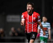 25 February 2022; Will Patching of Derry City celebrates after scoring his side's first goal during the SSE Airtricity League Premier Division match between Derry City and Shamrock Rovers at The Ryan McBride Brandywell Stadium in Derry. Photo by Stephen McCarthy/Sportsfile