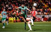 25 February 2022; Roberto Lopes of Shamrock Rovers in action against Patrick McEleney of Derry City during the SSE Airtricity League Premier Division match between Derry City and Shamrock Rovers at The Ryan McBride Brandywell Stadium in Derry. Photo by Stephen McCarthy/Sportsfile
