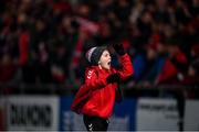 25 February 2022; A Derry City ballboy celebrates after the SSE Airtricity League Premier Division match between Derry City and Shamrock Rovers at The Ryan McBride Brandywell Stadium in Derry. Photo by Stephen McCarthy/Sportsfile