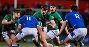 25 February 2022; Jude Postlethwaite of Ireland in action against Filippo Lazzarin and Dewi Passarella of Italy during the Guinness U20 Six Nations Rugby Championship match between Ireland and Italy at Musgrave Park in Cork. Photo by Brendan Moran/Sportsfile