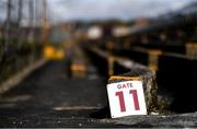 27 February 2022; A gate sign is seen in the terrace before the Lidl Ladies Football National League Division 1 match between Galway and Mayo at Tuam Stadium in Galway. Photo by Ben McShane/Sportsfile